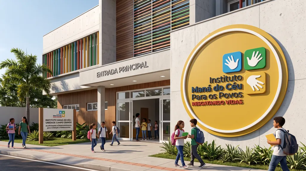 Fachada do Instituto Maná do Céu em Campo Grande, com crianças chegando pela entrada principal